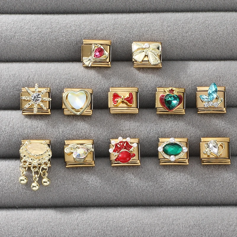 Zircon Green Heart Red Bow Knot Blue Butterfly Gold Color Italian Charm Links Fit 9mm Stainless Steel Bracelet DIY Making Gift