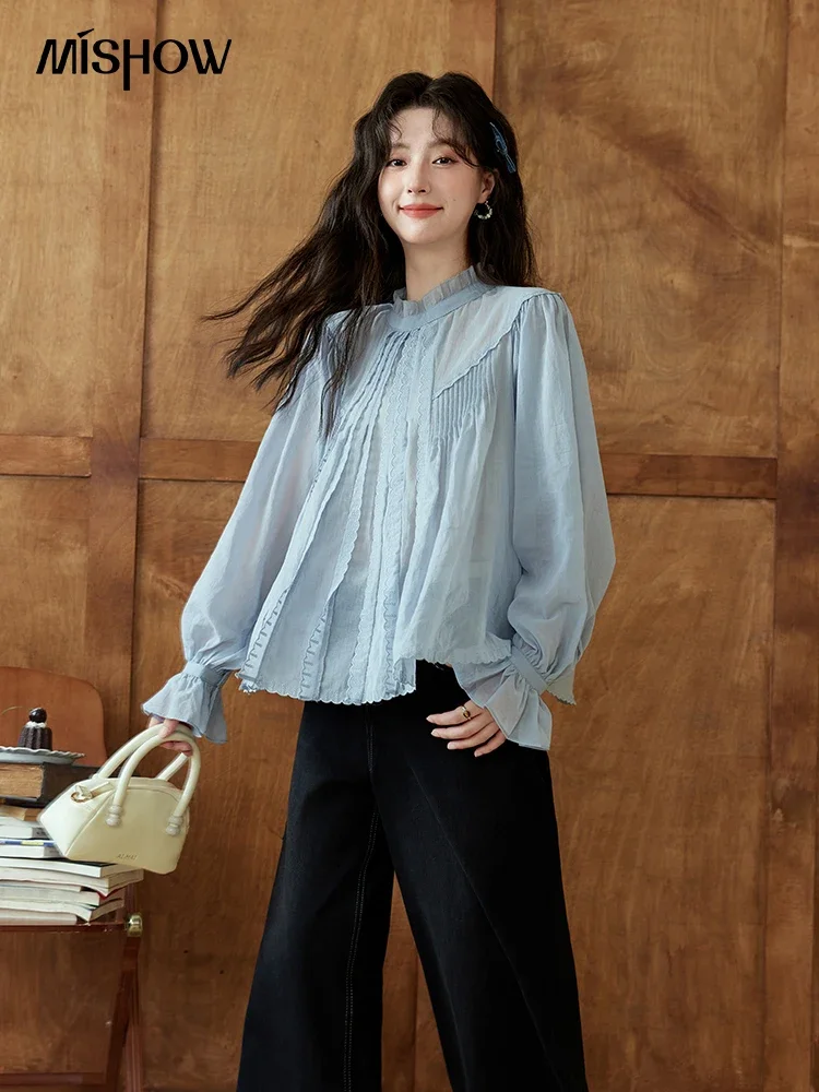 MISHOW 100 Lyocell Blouses Slightly Translucent Autumn Fungus Edge Stand Collar Blouse Lace Pleats Trumpet Sleeve Top MXD44X1666