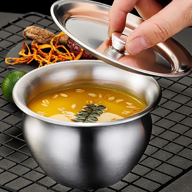 Stainless Steel Steamed Egg Bowl Ramen Rice Fruit Salad Stew Bowls With Lids Soup Cup Food Container Kitchen Tableware Supplies.