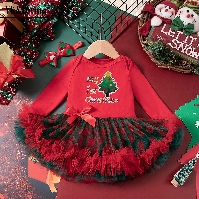 Christmas New Dress Baby Long-Sleeved Halter Frock Children Mesh Cartoon Skirt Newborn Party Clothes New Girls Bow Tie Dresses