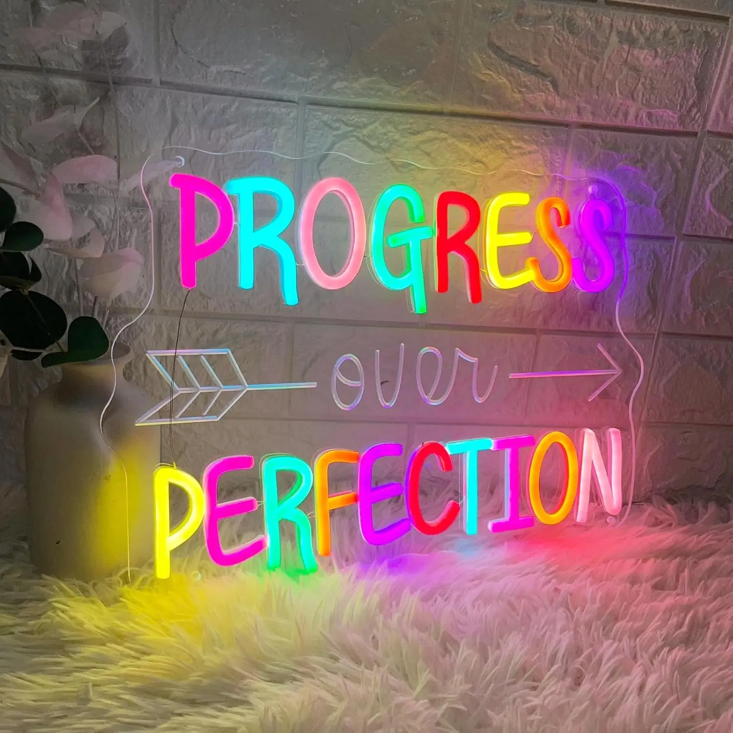 Progress Over Perfection Neon Sign, Wall Light for Bedroom, Classroom, Office, Bar Decor; Inspirational Gift & Advertising Sign