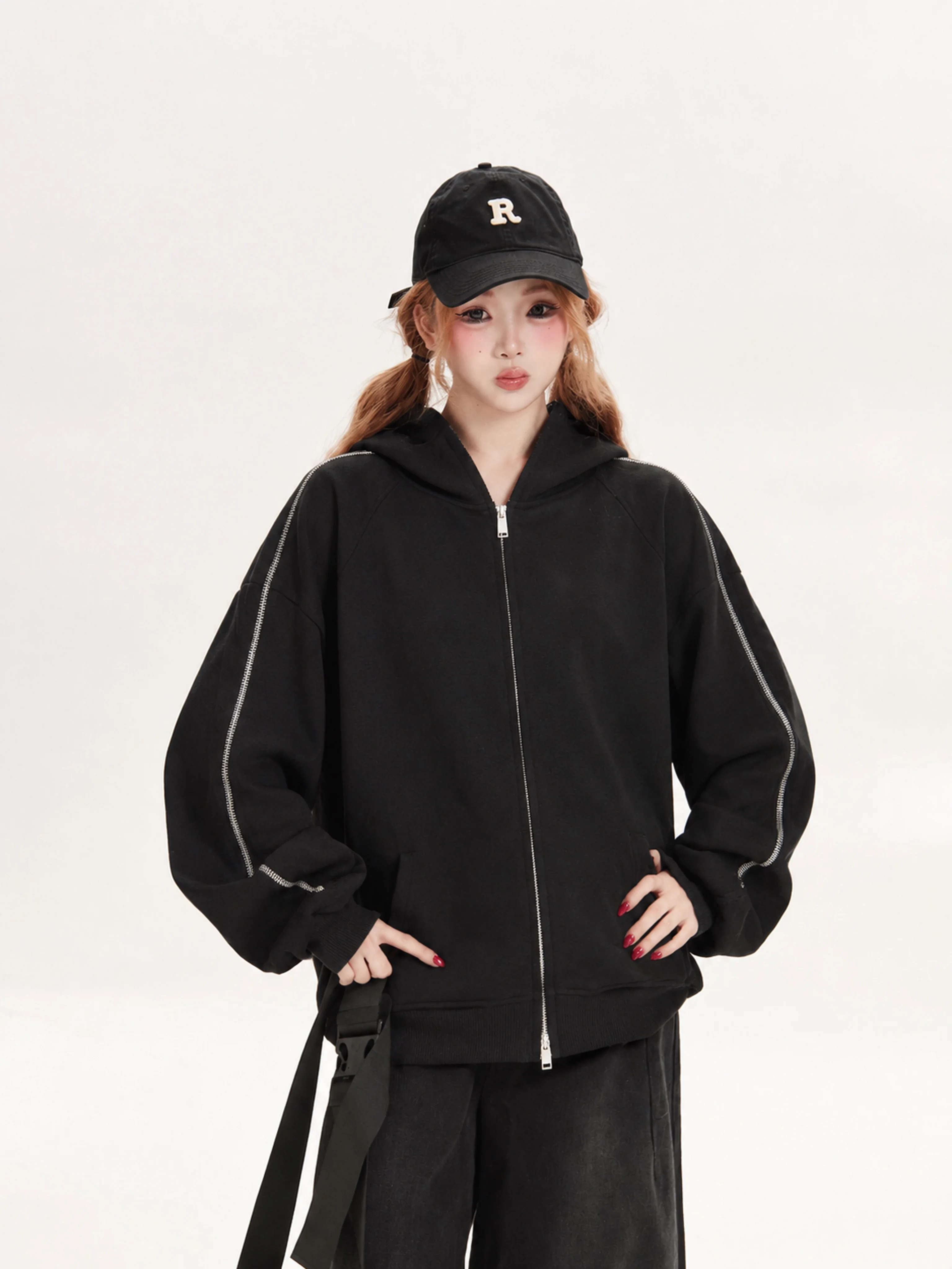 Graduate Style Loose Women's Black Dopaamine Outerwear Spring Autumn Beautiful Cardigan Hooded Zipper Closure Casual Fashion
