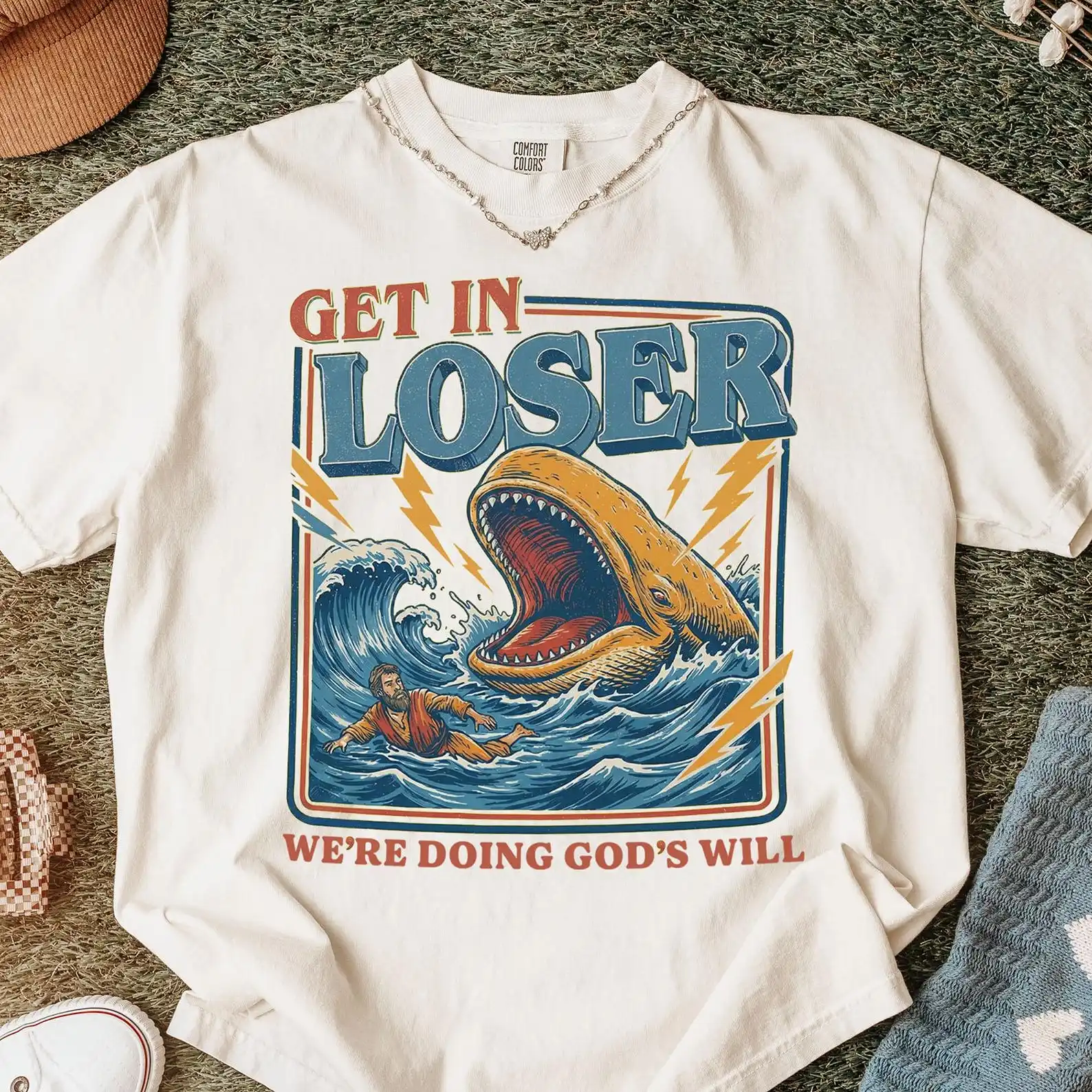 Get in Loser Were Doing Gods Will Shirt, Retro Jonah and The Whale T-Shirt, Christian Humor Tee,  Funny Bible Verse Gift T-Shirt