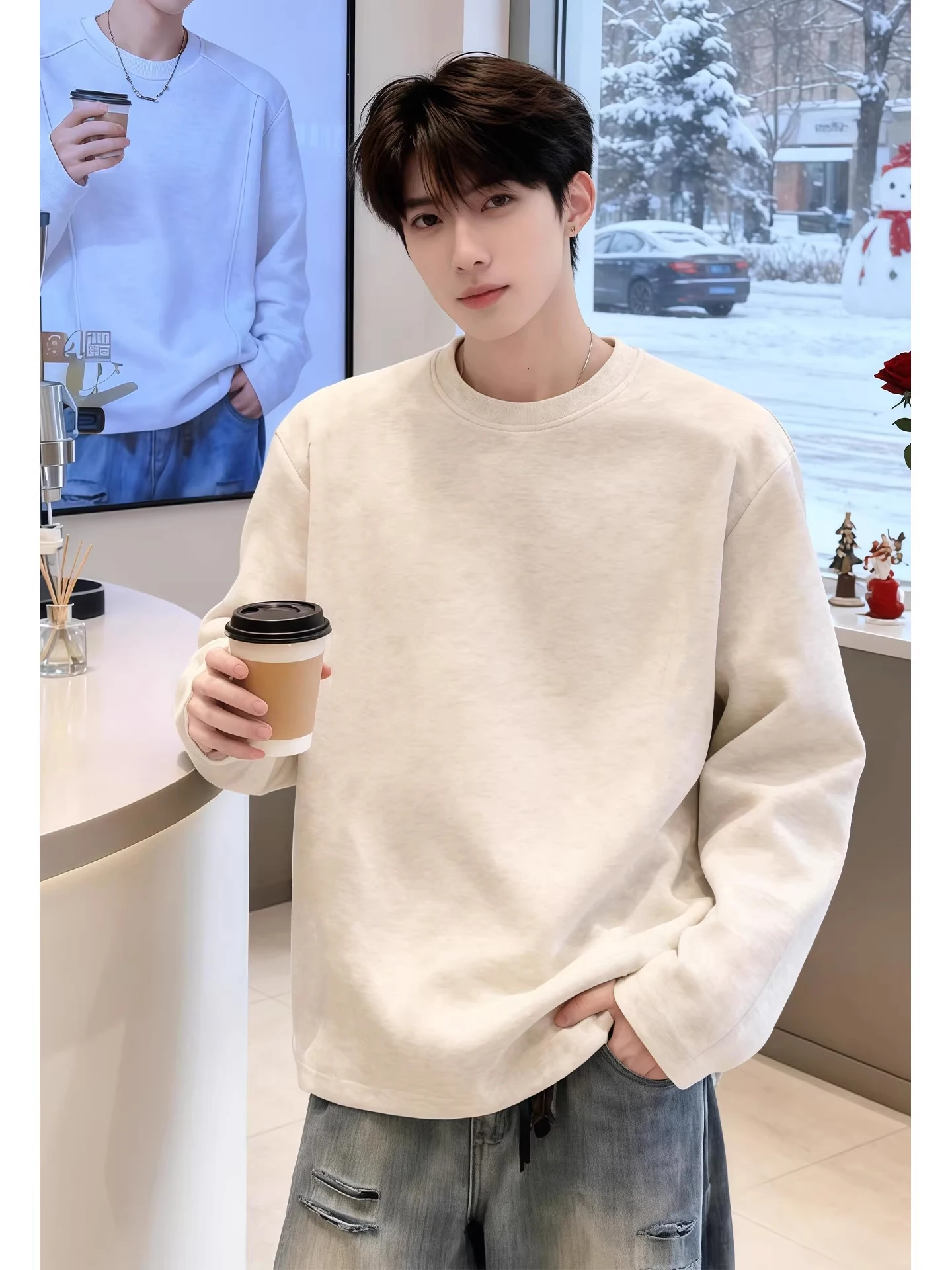 

Men's Heavyweight Fce Lined Hoodie Long Sve Thiened Winter T-irt Inner Wear Base irt American Sle round Ne Sw...