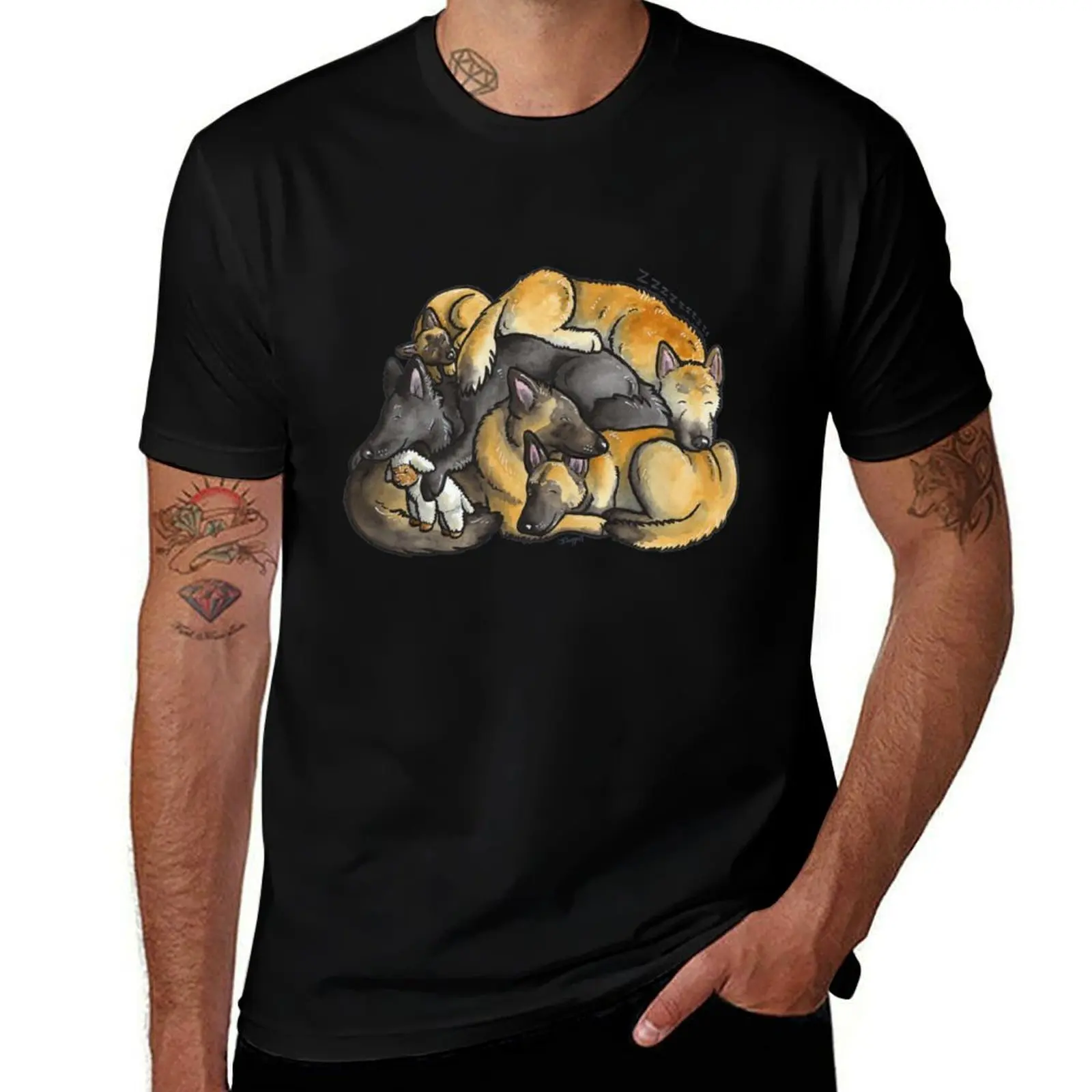 Sleeping pile of Belgian Shepherd dogs T-Shirt Stylish Print Short Sleeve Tee T-Shirt
