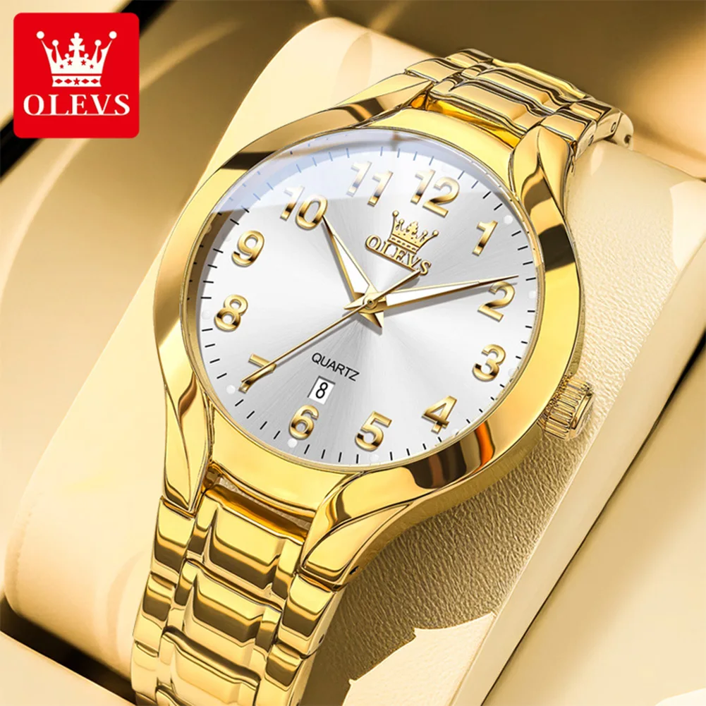 OLEVS 3650 Herren Quarz-Armbanduhr mit Automatischem Datum, Wasserdicht, Digitales Zifferblatt, Leuchtend, Neue Original Luxus Goldene Geschäftsmann-Uhr