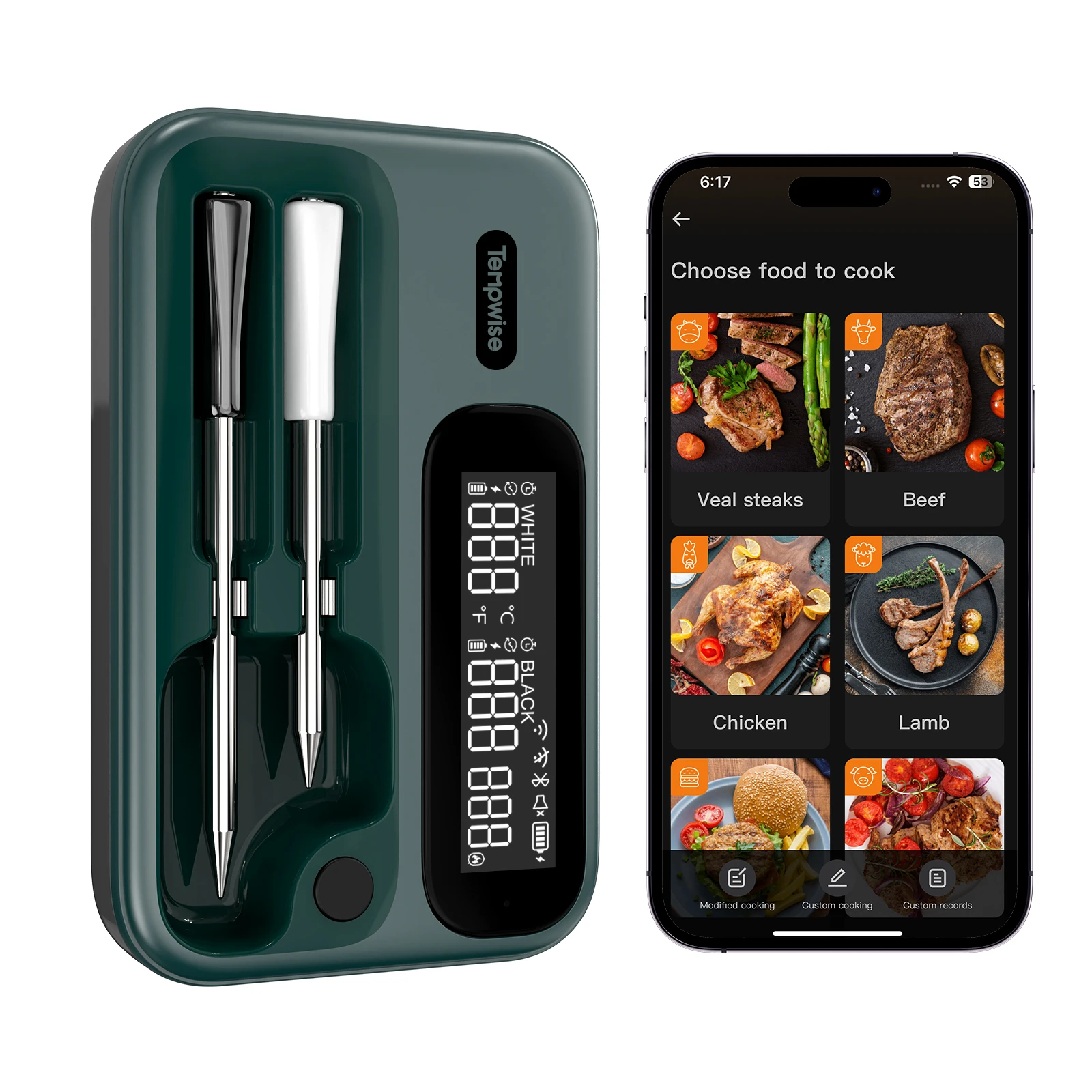 

Tempwise Wireless Meat Thermometer 2.4G WiFi and Bluetooth 5.4 Household BBQ Thermometer with Long and Short Probes for Cooking