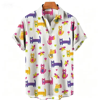 American Cartoon Graffiti Style Cute Pet Kitten Love Flower Print Short Sleeved Shirt Summer Versatile Top