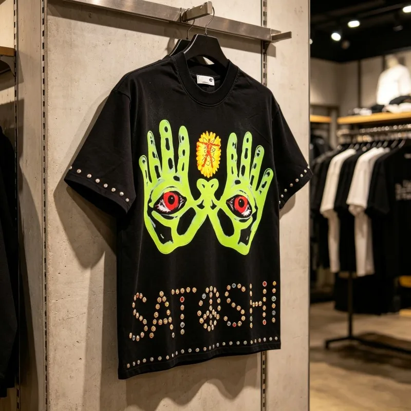 Men Women Summer SATOSHI Tshirts Sky Eye Double Palm Printed Retro Distressed Washed Short Sleeve Tops Casual Streetwear