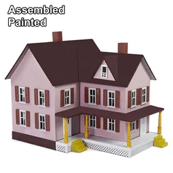 Evemodel HO Scale Model Village House Two-story Pink Building with Porch for Model Trains JZ8710P