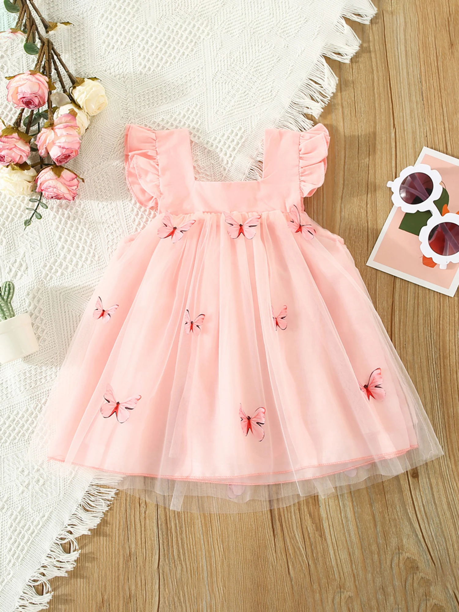 Infant Baby Girl Princess Dresses Summer Sleeveless Buterfly Printing Tulle Dress Casual Loose Dresses 0-24M (Pink 18-24 Months)