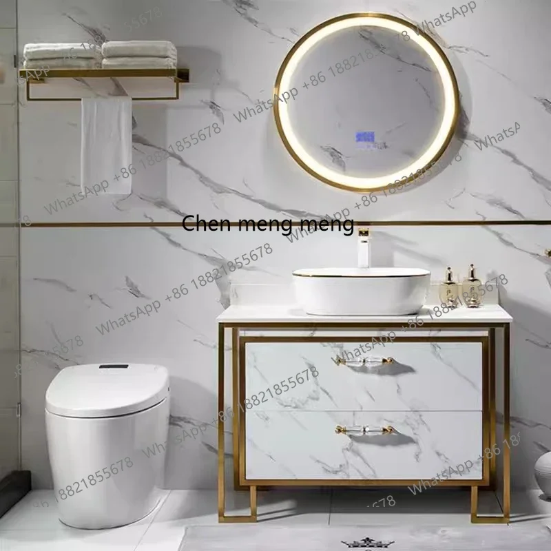 

X Light luxury smart round mirror stainless steel bathroom cabinet combination rock slab countertop basin hotel, wash