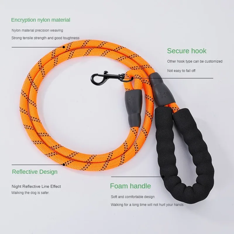 Reflective pet dog leash Explosion-proof foam handle Nylon round rope Walking dog leash Dog chain