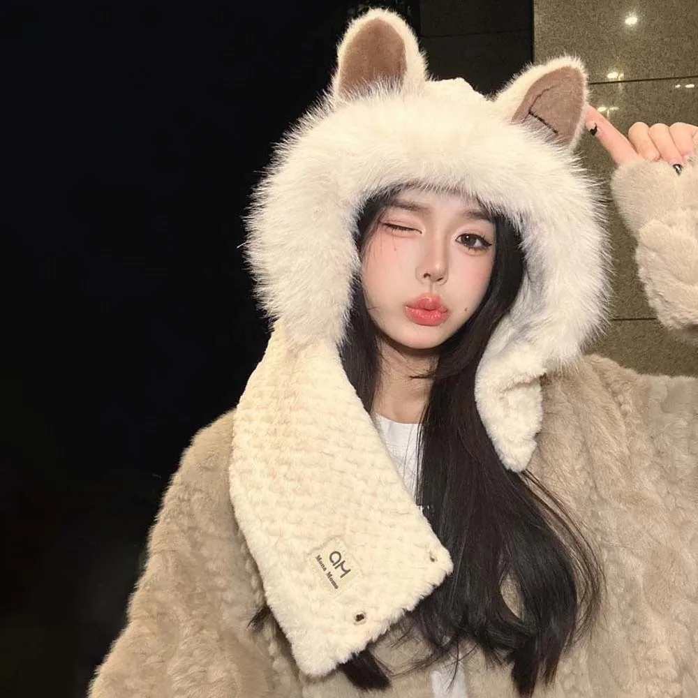 

Lei Feng Cap Cartoon Winter Plush Hat 2 IN 1 Anti-cold Animal Ear Scarf Hat Soft Warmer Ear Protection Cap Outdoor