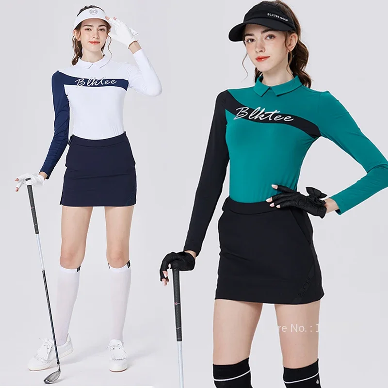 

Blktee Golf Women Long-sleeve T-shirt Letter Print Autumn Sports Tops Contrast Color Shirts Lady Pencil Skirts Slim Golf Skort