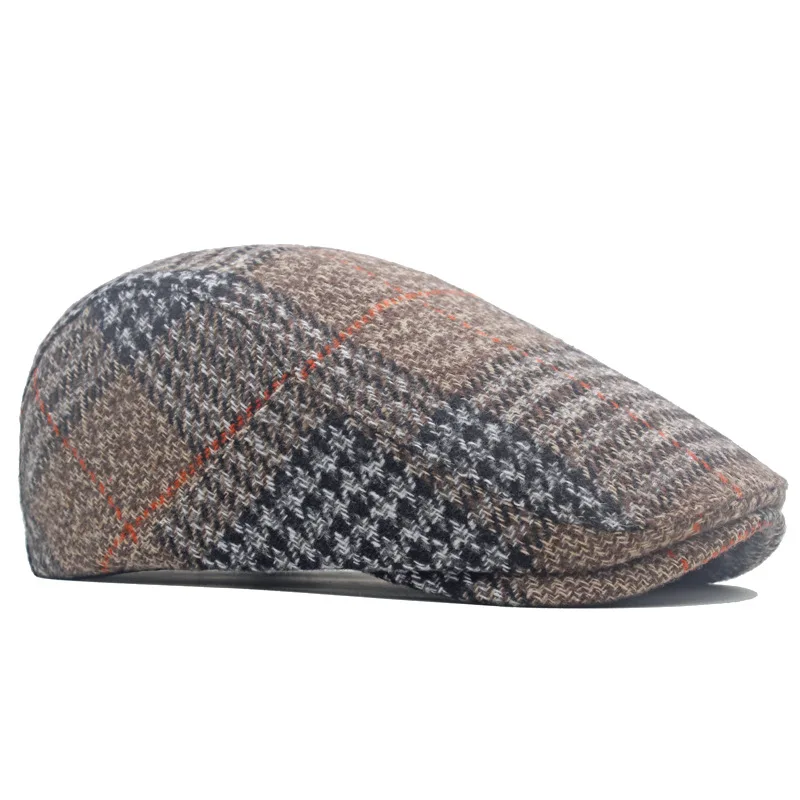 Hat Autumn Winter Wool Beret men's British Vintage Front Cap Plaid Cap Fashion Casual Newsboy Hat Old Cool Warm