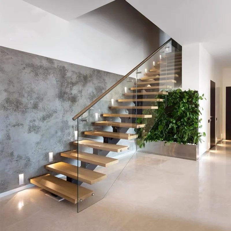 カスタマイズ可能なU字型階段、室内階段、無垢材のステップ、ガラス製の手すり付き