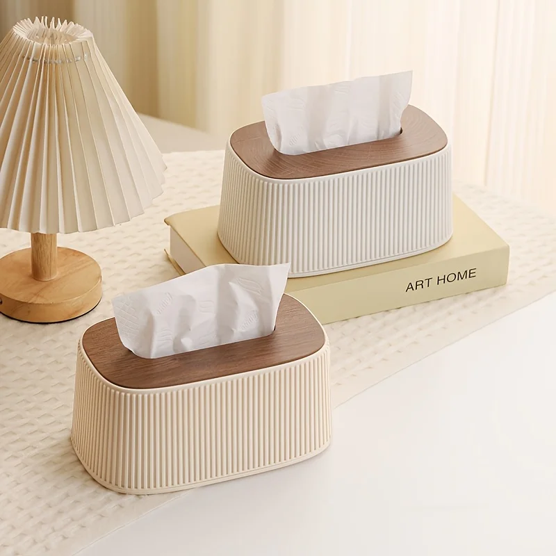 Auto Lift Spring Tissue Dispenser, Lovely Cream Box Cover with Wooden Lid, Perfect for Bathroom, Bedroom & Living Room Use