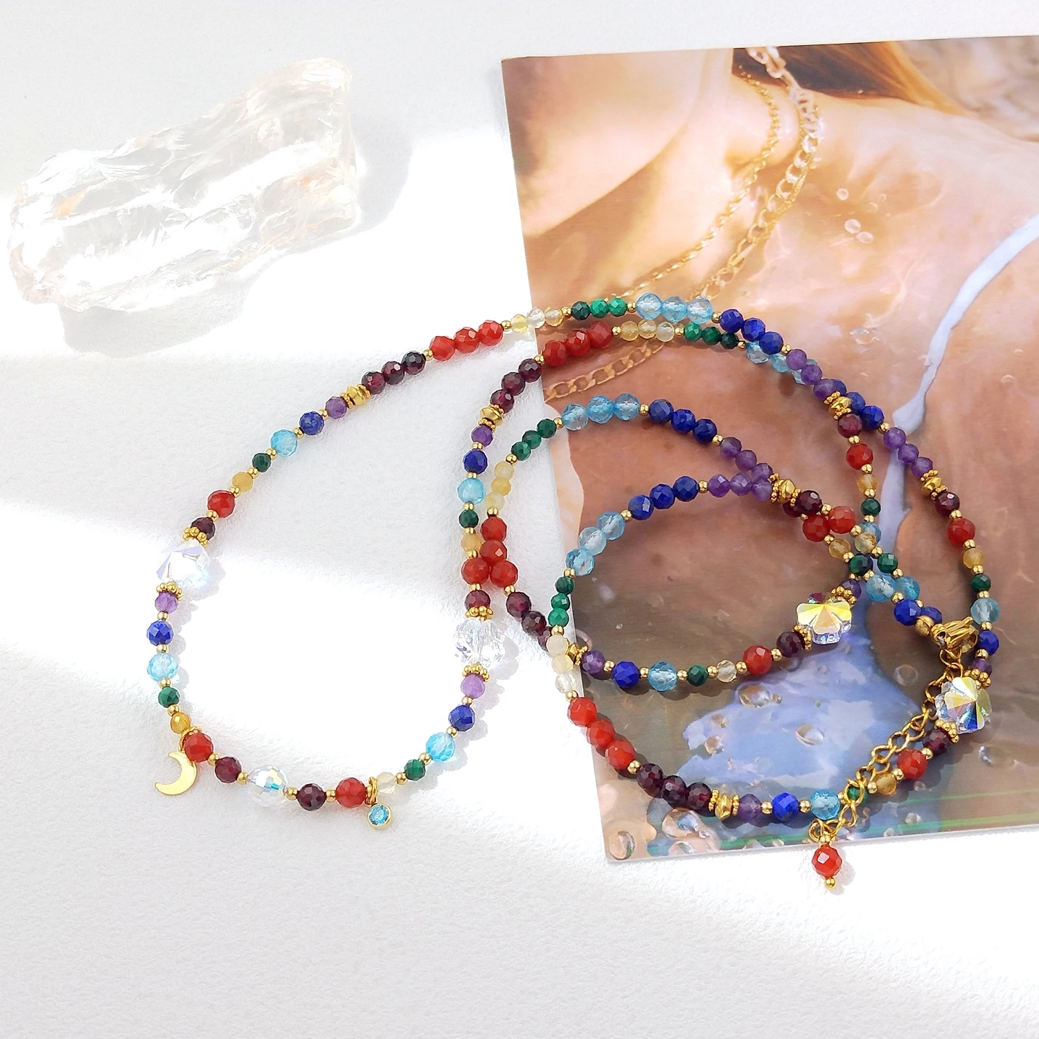 Lii Ji 7 Chakras 3-4mm Beads Natural Stone  Stainless Steel Gold Plated Waist Chain 76+5cm Handmade Jewelry