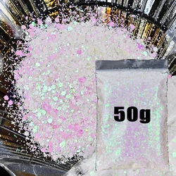 50g/Bag Aurora Mermaid Glitter Nail Sequins Iridescent Hexagon Chunky Sequin Powder Holographic Silver Flake Sequins Nail Decora