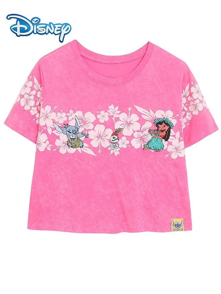 

Футболка с вышивкой Disney Stitch Little Monster Flower, женская футболка с короткими рукавами и круглым вырезом, футболки в стиле Харадзюку, розовые топы