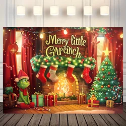 Christmas themed party background banner | Cartoon Christmas thief characters and decorative trees by holiday fireplace