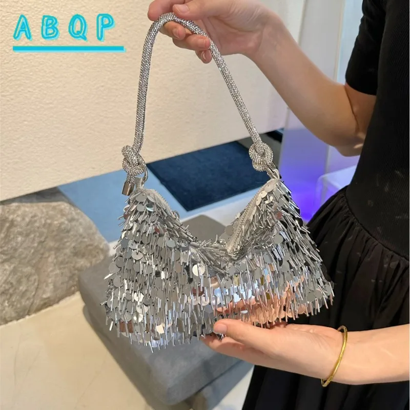 

Tote Bag Retro Silver Sequined Shoulder Bags Fringed Vintage Messenger Chain Handbag Mini Dinner Bag