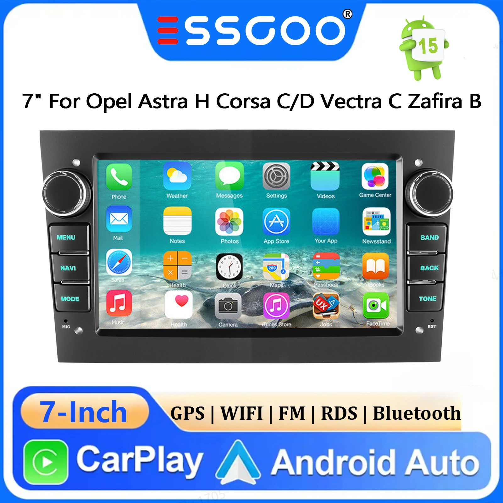 ESSGOO 7" Android 15 4+64G Wireless Carplay Android Auto für Opel Astra H Corsa C/D Vectra C Zafira B Autoradio GPS-Navigation FM BT WiFi RDS SWC Mirror Link Multimedia-Videoplayer IPS-Touchscreen