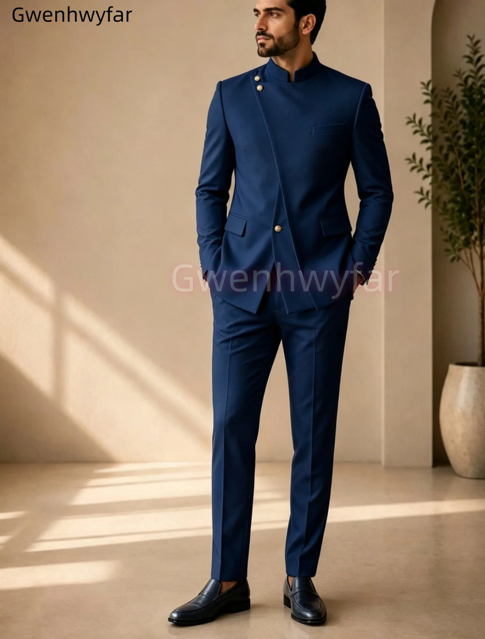 Gwenhwyar Neuankömmling Hellgraue Freizeitjacke mit Hose, formeller Business-Büroanzug für Herren, Bräutigam, Hochzeit, Party, Blazer, Hose – Detail 13
