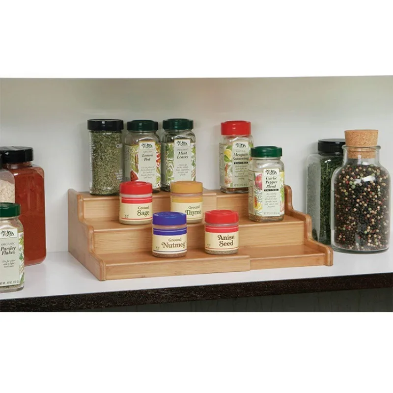 Spice Rack Kitchen Cabinet Organizer- 3 Tier Bamboo Expandable Display Shelf Bamboo 3-Layer Adjustable Spice Rack