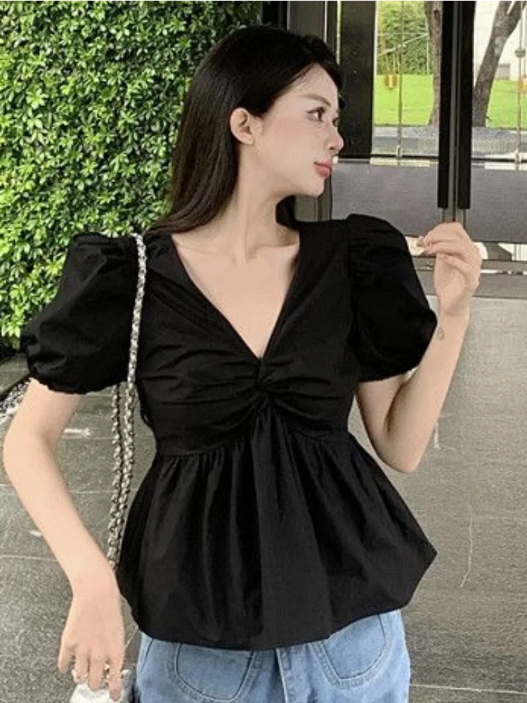 Backless Blouses Women Puff Sleeve Hotsweet Fashion Ulzzang Summer Ladies Temperament Solid All-match Vintage Casual Princess