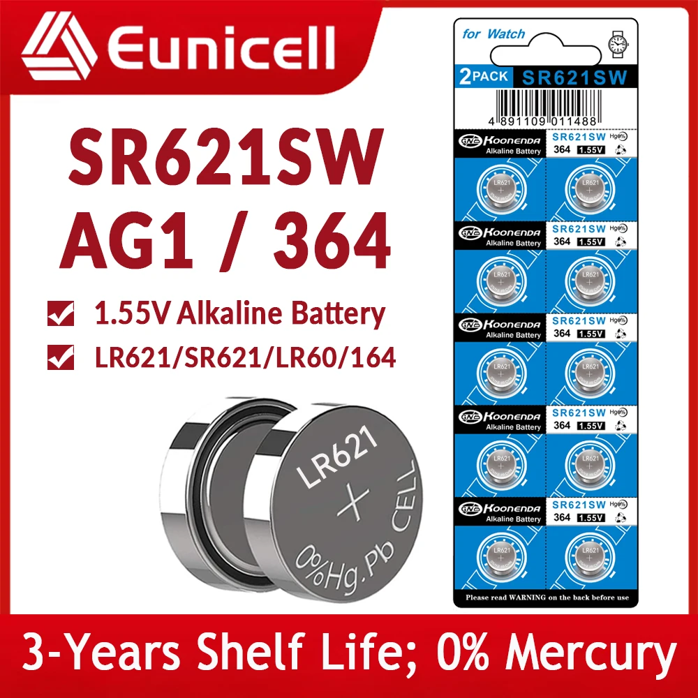 EUNICELL 10PCS-50PCS AG1 364A LR60 SR60 LR621 SR621 SR621SW 364 164 CX60 Alkaline Button Cell 1.5V Watch Batteries 0% Mercury