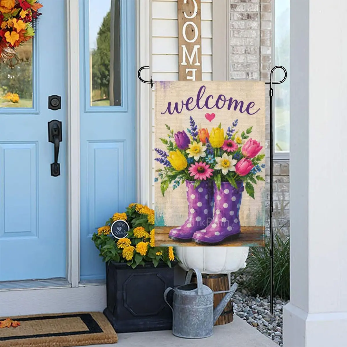InkRain Welcome Garden Flag 12x18 Inch Tulip and Lavender Bouquet in Purple Polka Dot Rain Boots for Yard Farmhouse Decor kkz