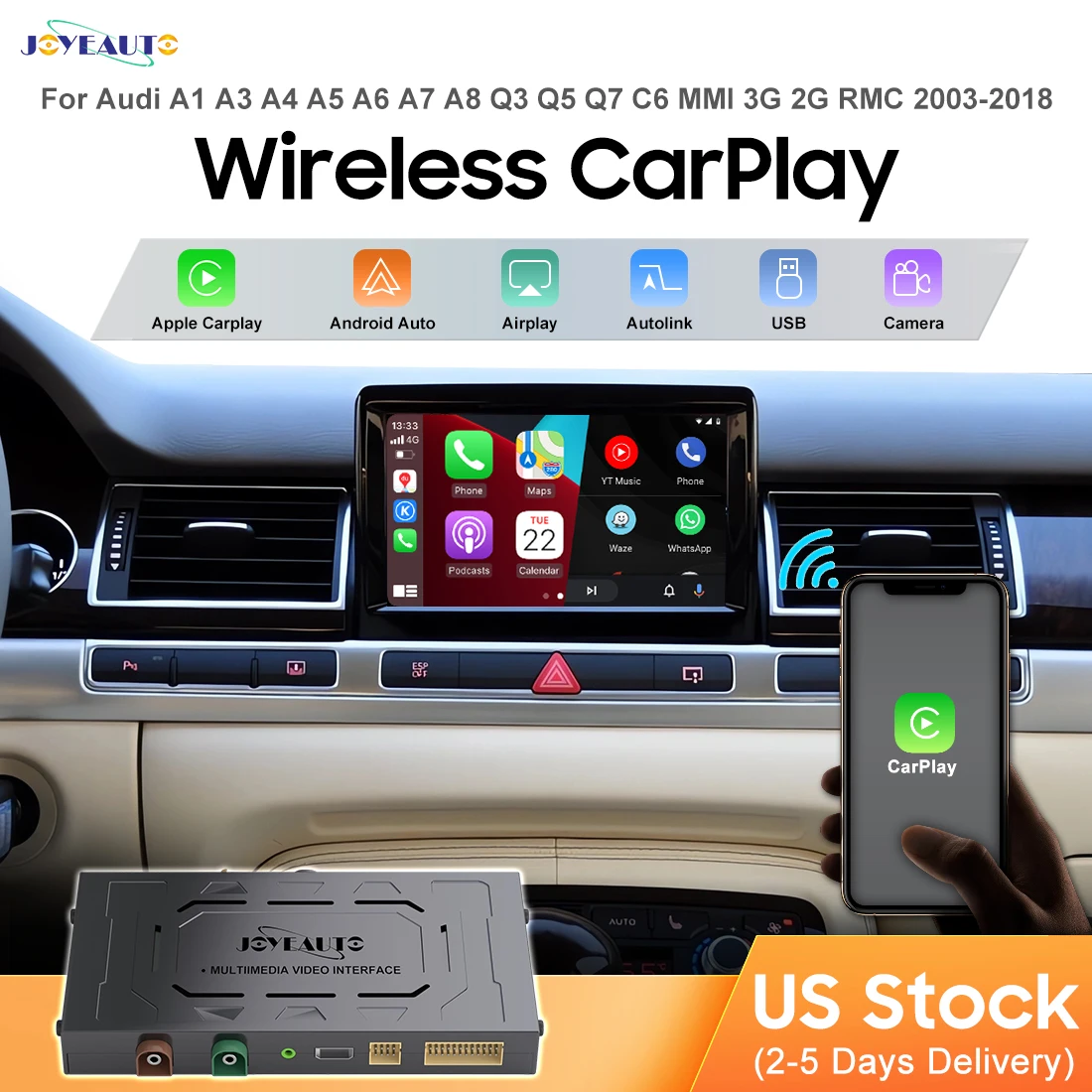 JoyeAuto Wireless Apple CarPlay per Audi A1 A3 A4 A5 A6 A7 A8 Q3 Q5 Q7 C6 MMI 3G 2G RMC 2003-2018 Android Auto Mirror Car Play