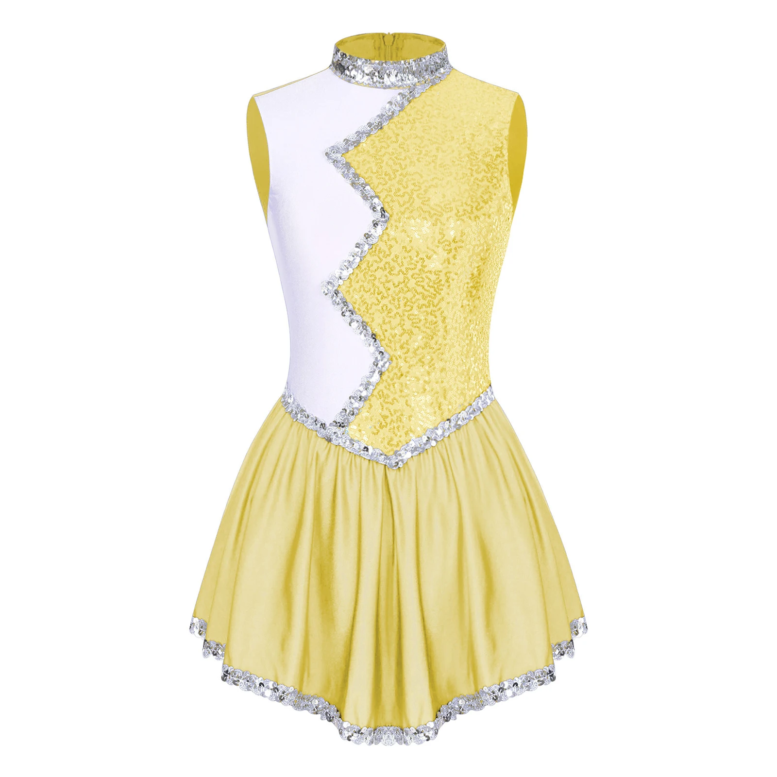 Women Figure Skating Dance Dress Ballet Gymnastics Lyrical Cheerleading Performance Costume Sleeveless Shiny Sequin Leotard Tutu