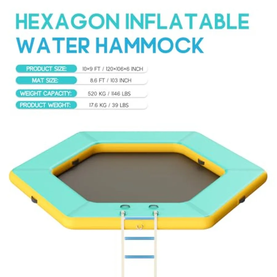 10FT Hexagon Inflatable Water Hammock for Adults, PVC Material, Blue, Heavy Duty Floating Raft with Soft Ladder for Pool Lake S
