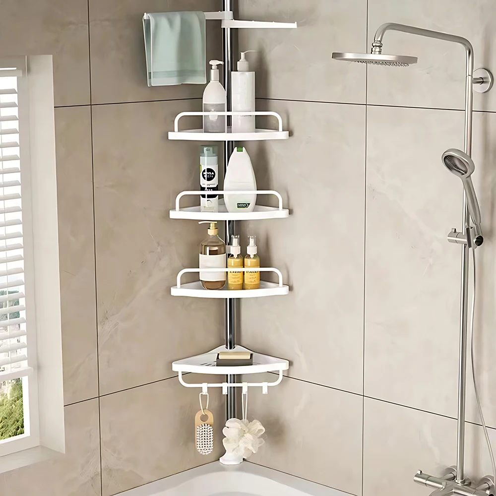 Estantería Ducha Telescópica TRUSTLIFE Altura 70-330 Cm - 4 Estantes, Toallero Y 4 Ganchos - Blanco