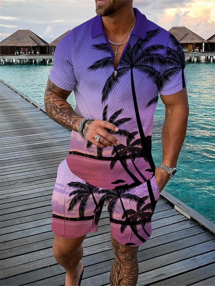 Casual Palm Leaf Print Polo Shirt Short Sleeve Shorts Set New Summer Zipper Short Sleeve Shorts Two Piece Vacation Pool Suit