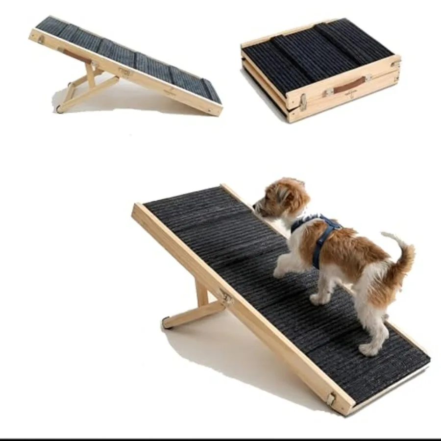 

Upgraded adjustable dog ramp for bed, sofa, couch, and car stairs; heavy-duty black plastic with non-slip surface; 4-height adj