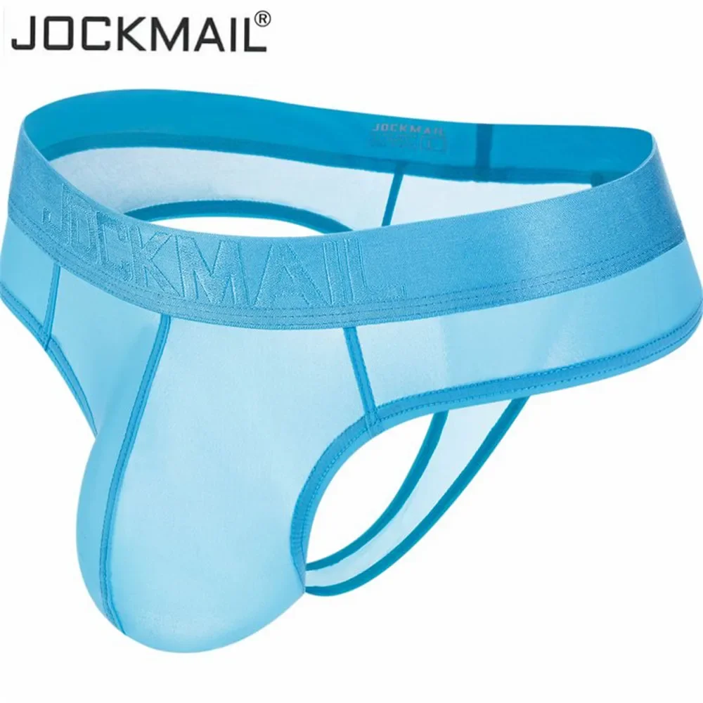 JOCKMAIL-tangas transparentes para hombre, ropa interior Sexy Gay, calzoncillos de seda de hielo, Bikini transparente, Tanga con parte trasera en T