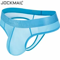 JOCKMAIL Tangas transparentes para homens, cordas G, roupa interior de homens gays, cuecas suaves de seda gelo, biquíni masculino, See Through T Back Tanga