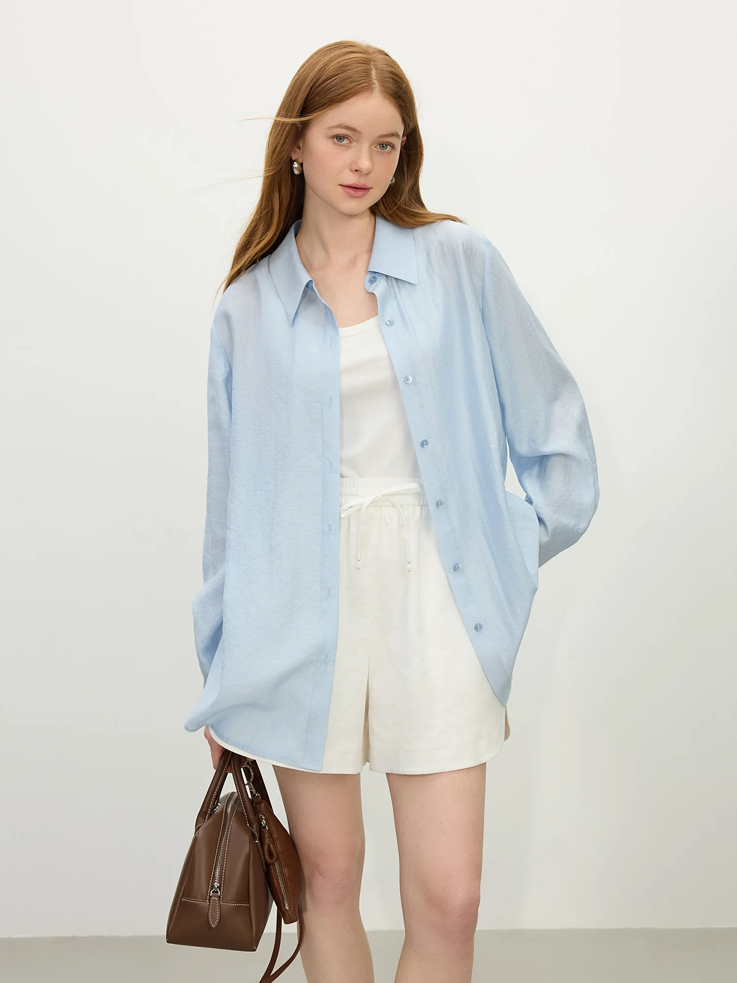 FSLE 2025 Summer Thin Shirt Acetate Sun Shirt UPF50+ Lightweight Long Sleeve Boho Cover Up with Side Slits & Hidden Snap Cuffs