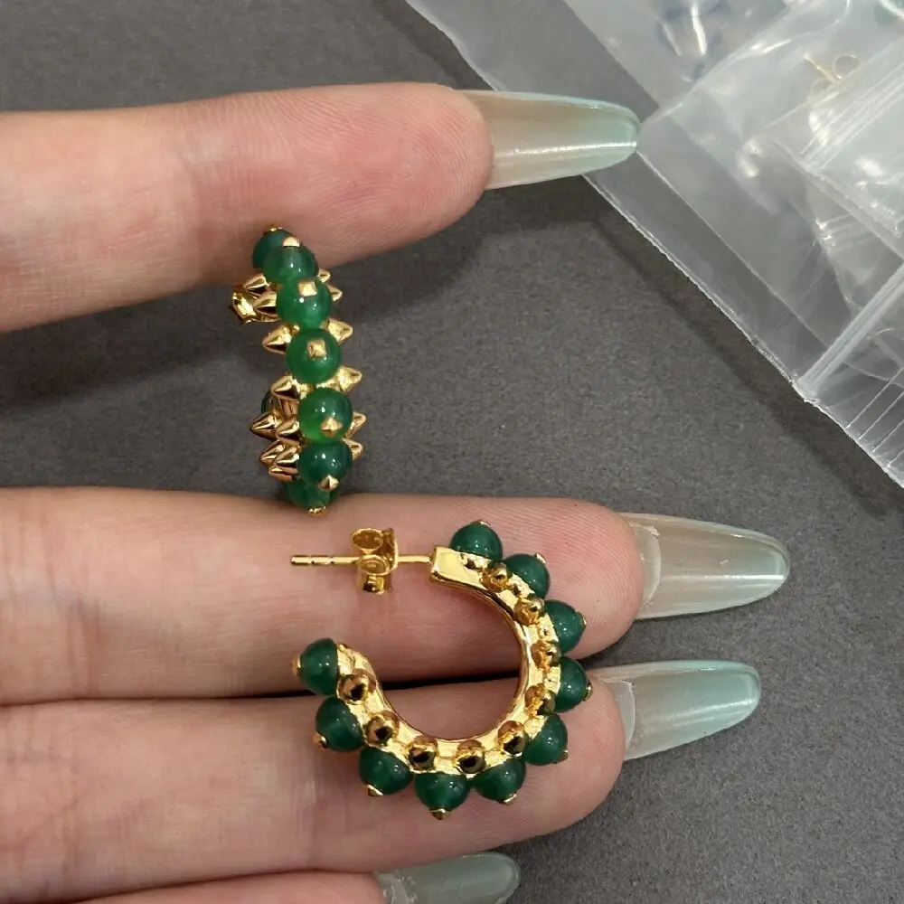 KQDANCE Top Quality 925 Sterling Silver Green Agate Gemstone Rivet Hoop Earrings With Champagne Gold For Women Fine Jewelry view 3