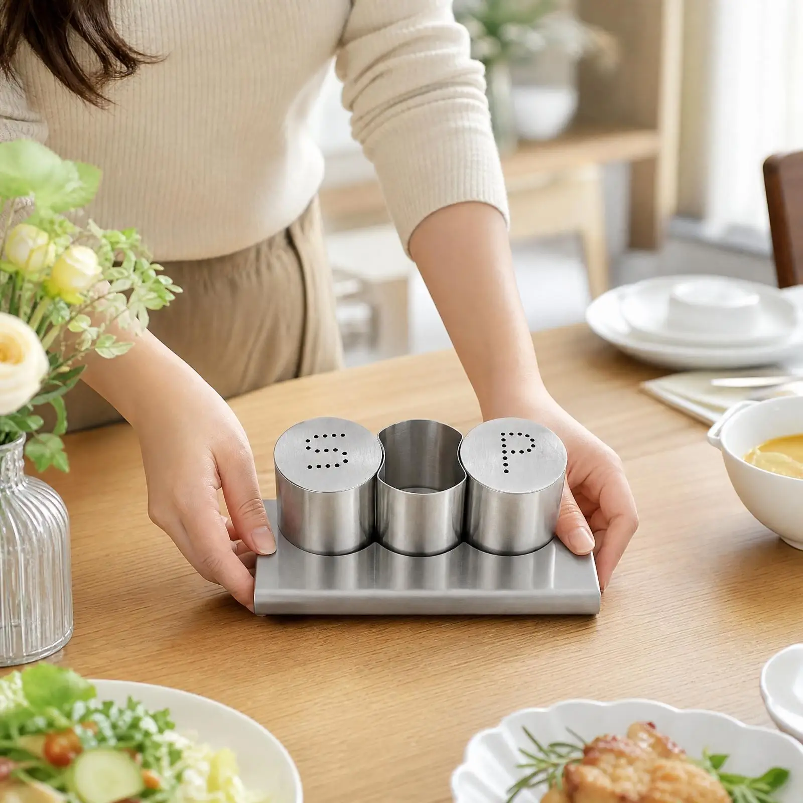 304 Stainless Steel Seasoning Holder with Perforated Lids for Salt Pepper and Spice Storage on Dining Table
