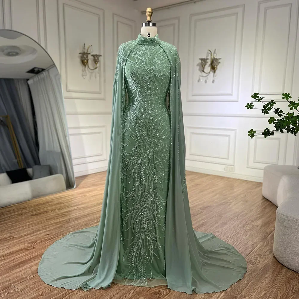 SERENE HILL Arabic Sage Green Luxury Beaded Mermaid Cape Evening Dresses Customized 2025 Modest Muslim WParty Gowns GLA72413