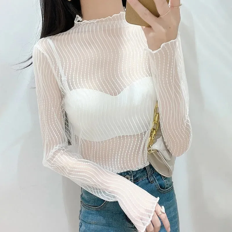 Elegant Half Neck Sheer Mesh Lace Long Sleeve Slim Inner Wear Casual Daily Bottoming Tops S-4XL