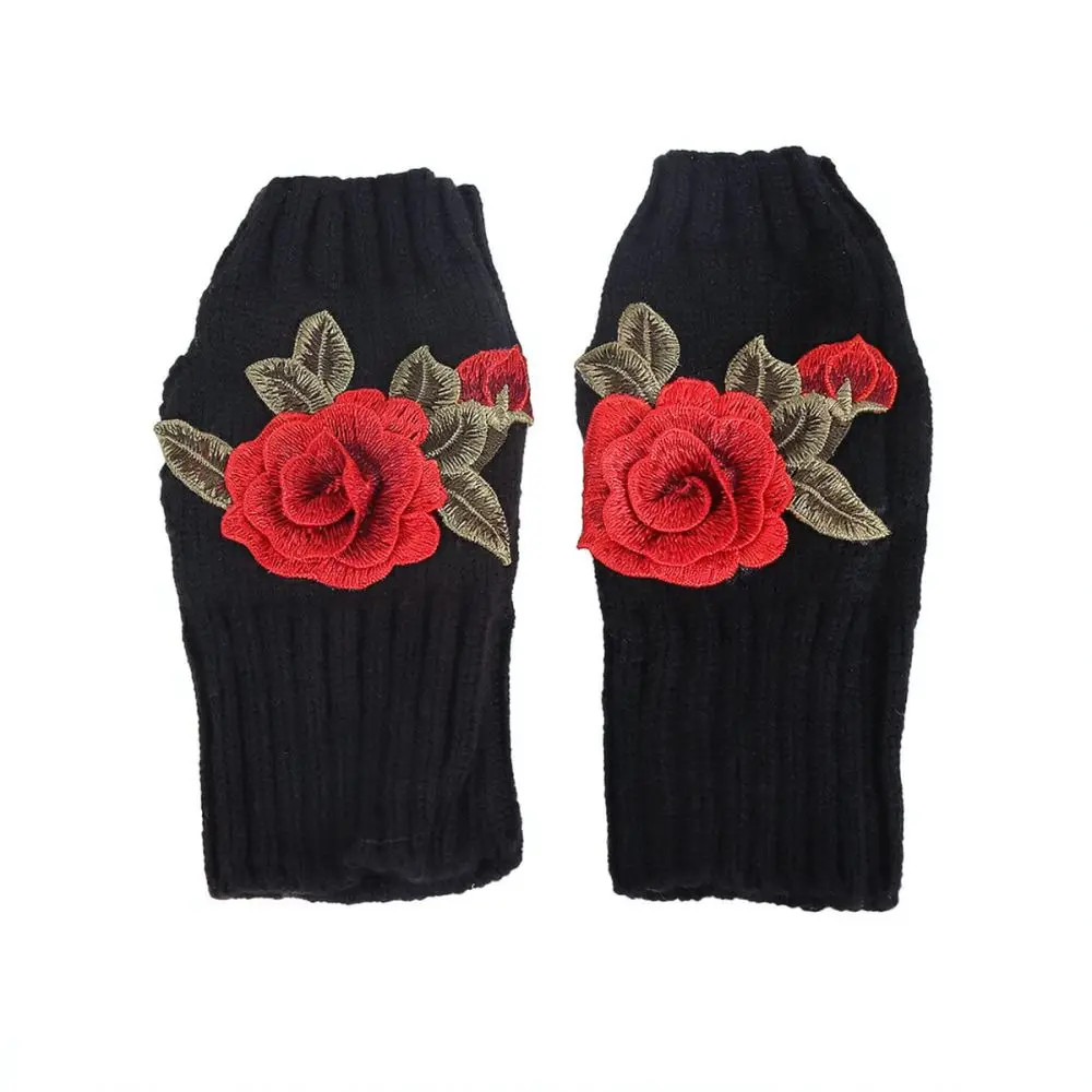 Women Warm Knitted Fingerless Gloves Elegant Floral Decoration Arm Sleeves Soft Acrylic Practical Winter Fashion Accessory Gift