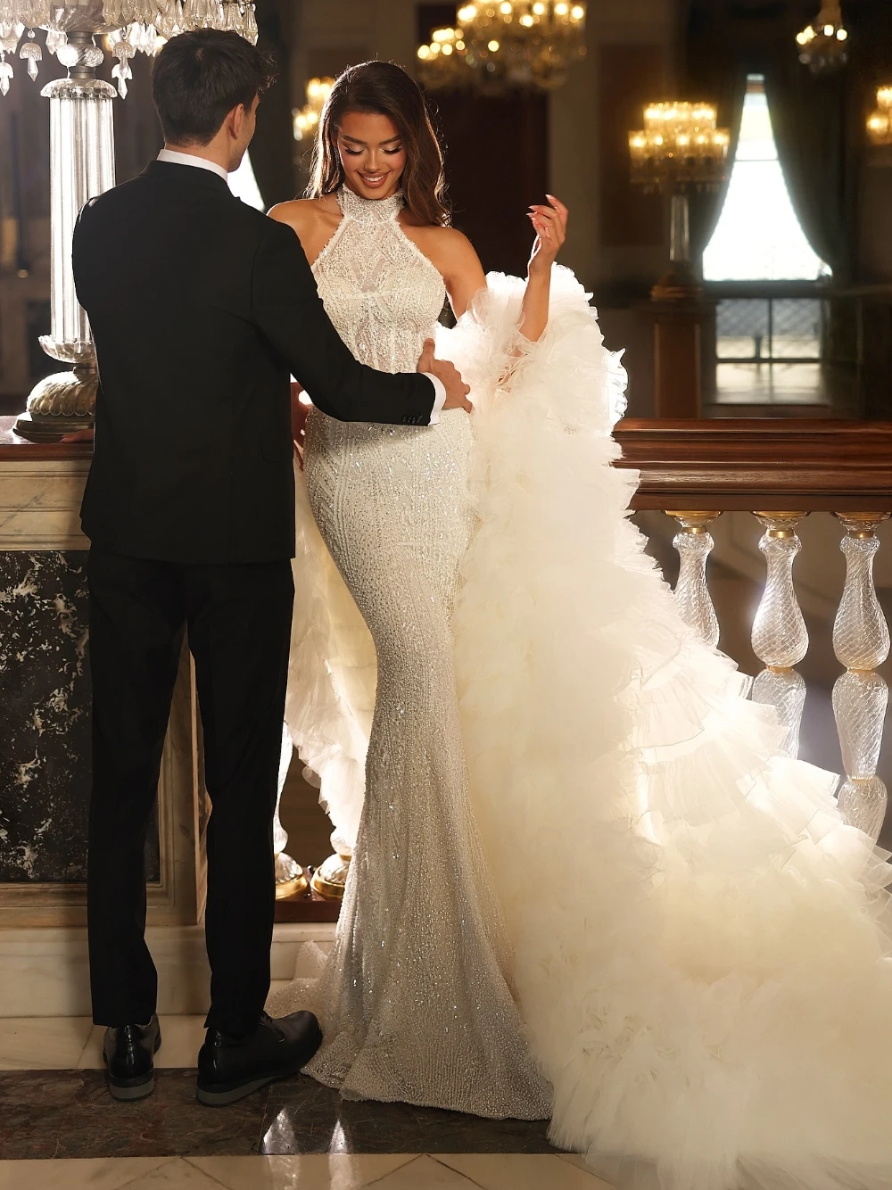 Gorgeous Halter Wedding Dress Sparkly 2-pieces Mermaid Bridal Gown New Arrival Customized Stunning Pleated Bride Women Wear