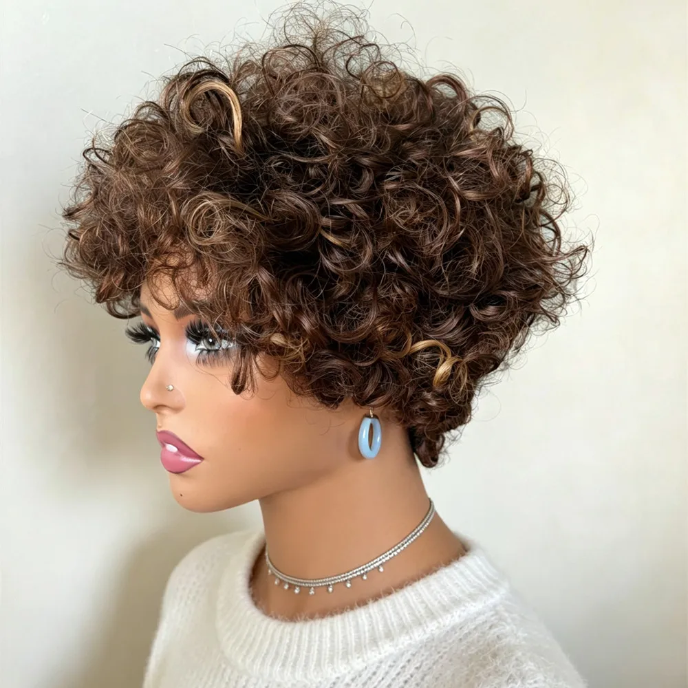 pixie curly human hair wigs machine made human hair wig 6inch short curly hair wig 427 wig