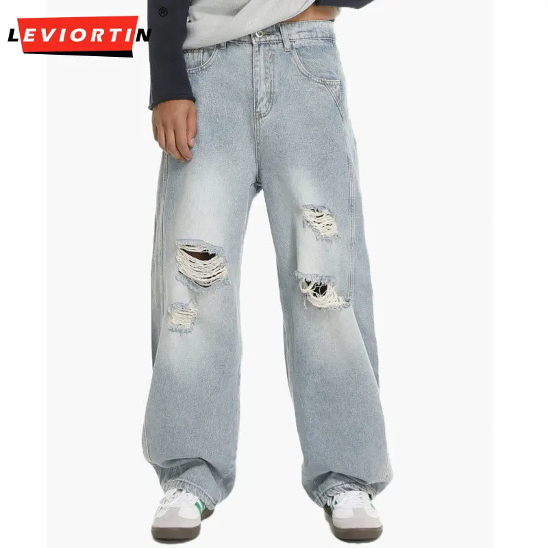 اتجاه الموضة الأمريكية الرجعية للخريف للرجال، القيام القديم، تصميم ثقب، سكين منحني، أرجل واسعة، طحن، جينز فضفاض غير رسمي #1
